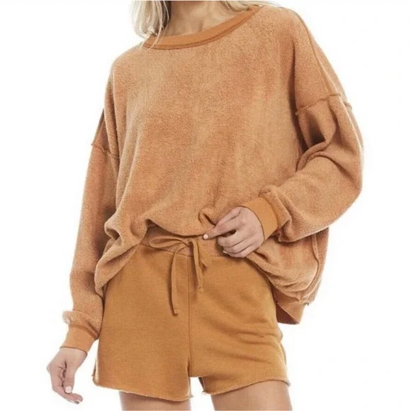 FREE PEOPLE Kelly Washed Cognac Sweatshirt Set Shorts Top Size Medium NEW - Picture 13 of 13